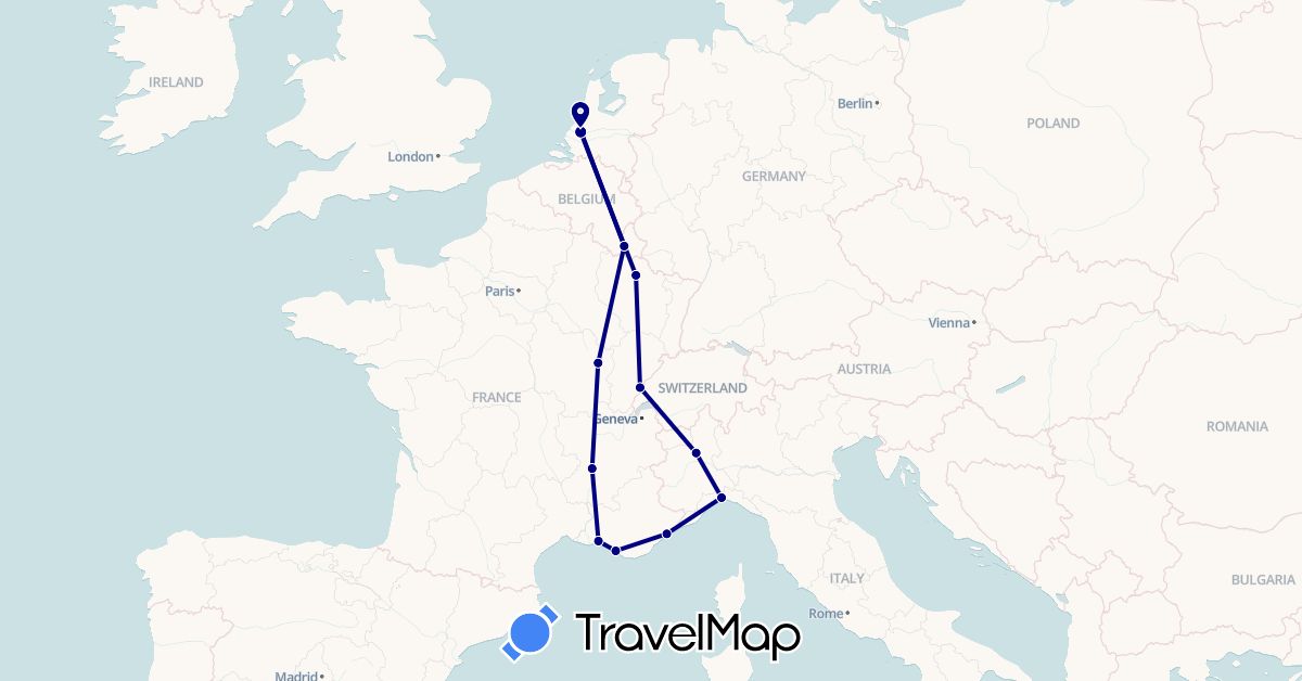 TravelMap itinerary: driving in Belgium, France, Italy, Netherlands (Europe)